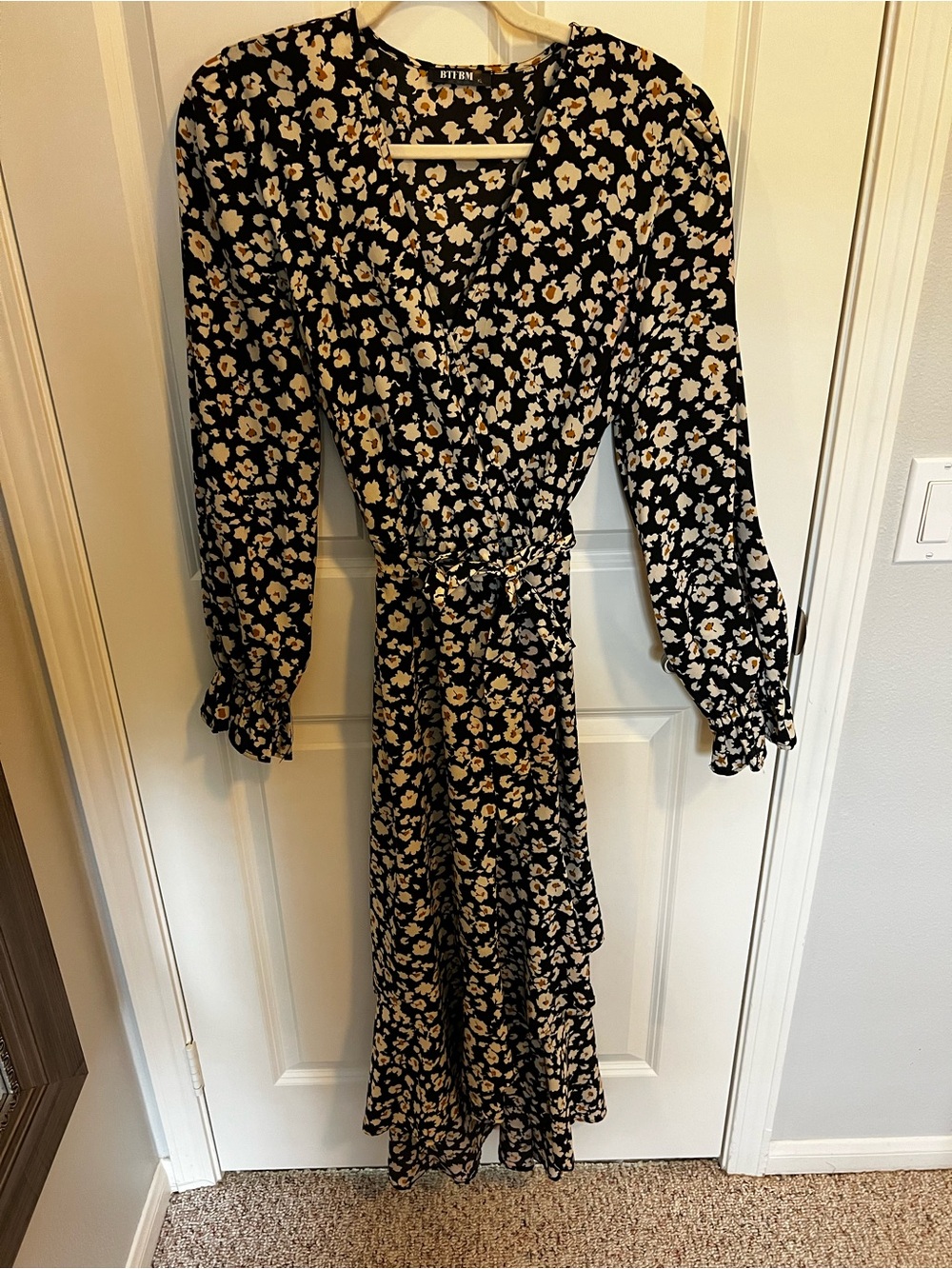 Black Floral Wrap Maxi Dress with Cream Prints